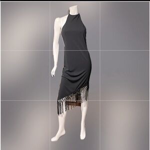 White House Black Market black halter asymmetric fringe lined party  dress EUC